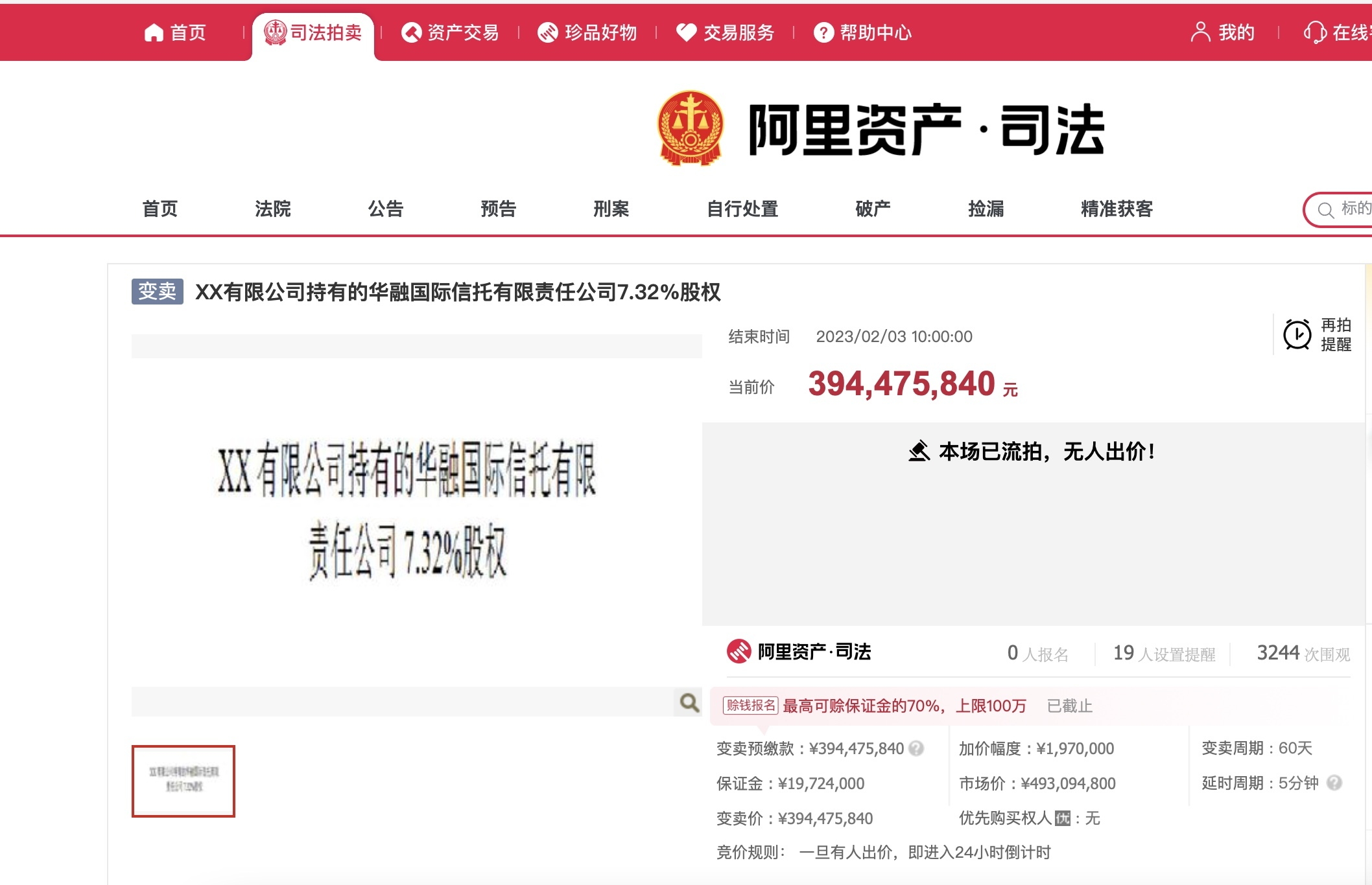 华融信托7.32%股权变卖因无人出价流拍,已折价近20%